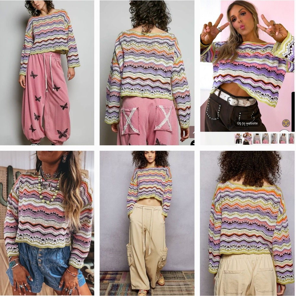 POL Crochet Boxy Cropped Sweater OS Chevron Open Knit BohoChic Cottage Retro 70s